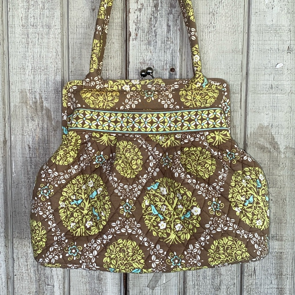 Retired Vera Bradley handbag kiss lock light brown lime green white & blue birds